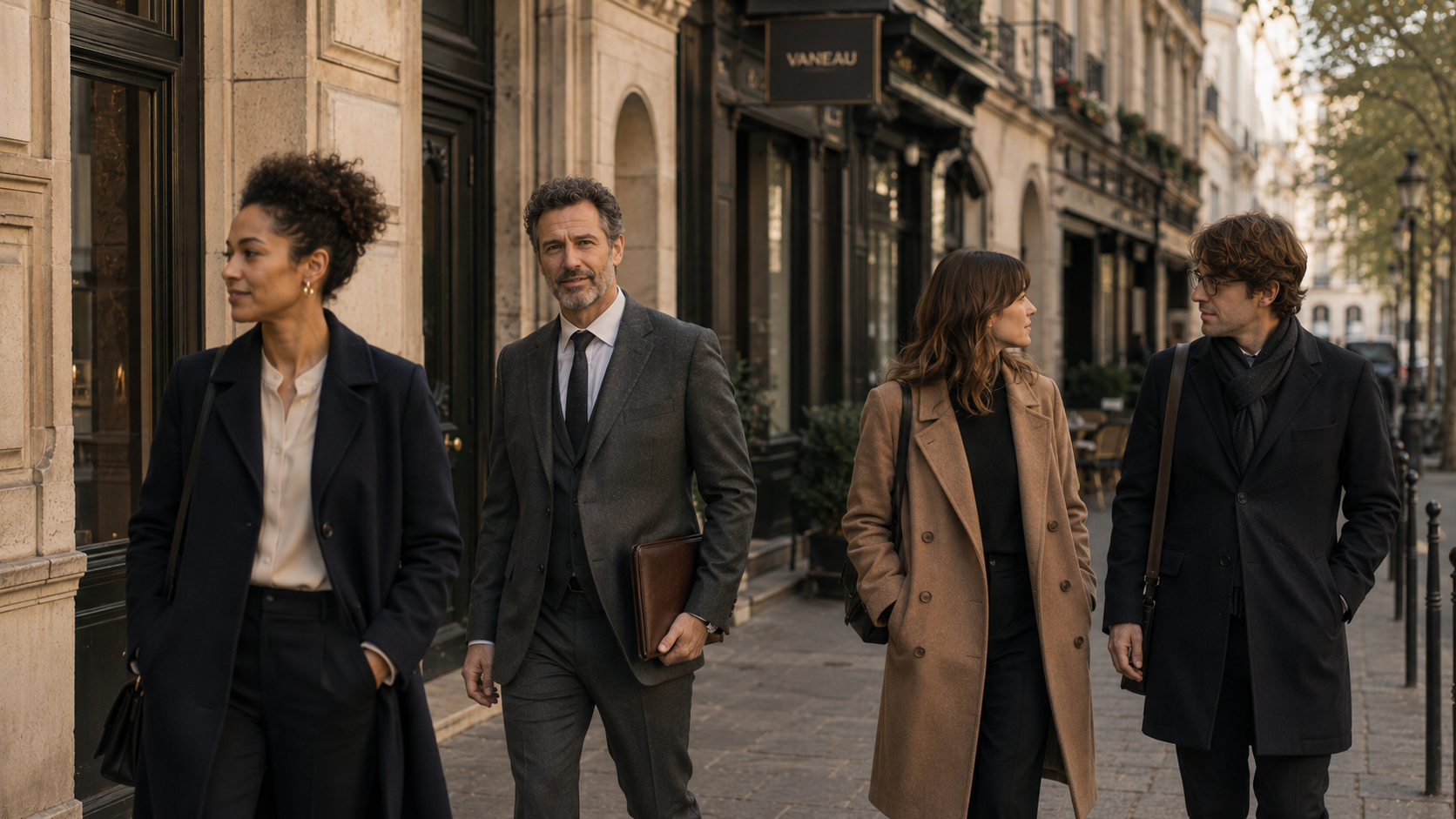 Quatre Parisiens élégants de dos marchant le long d'un immeuble haussmannien à Saint-Germain-des-Prés
