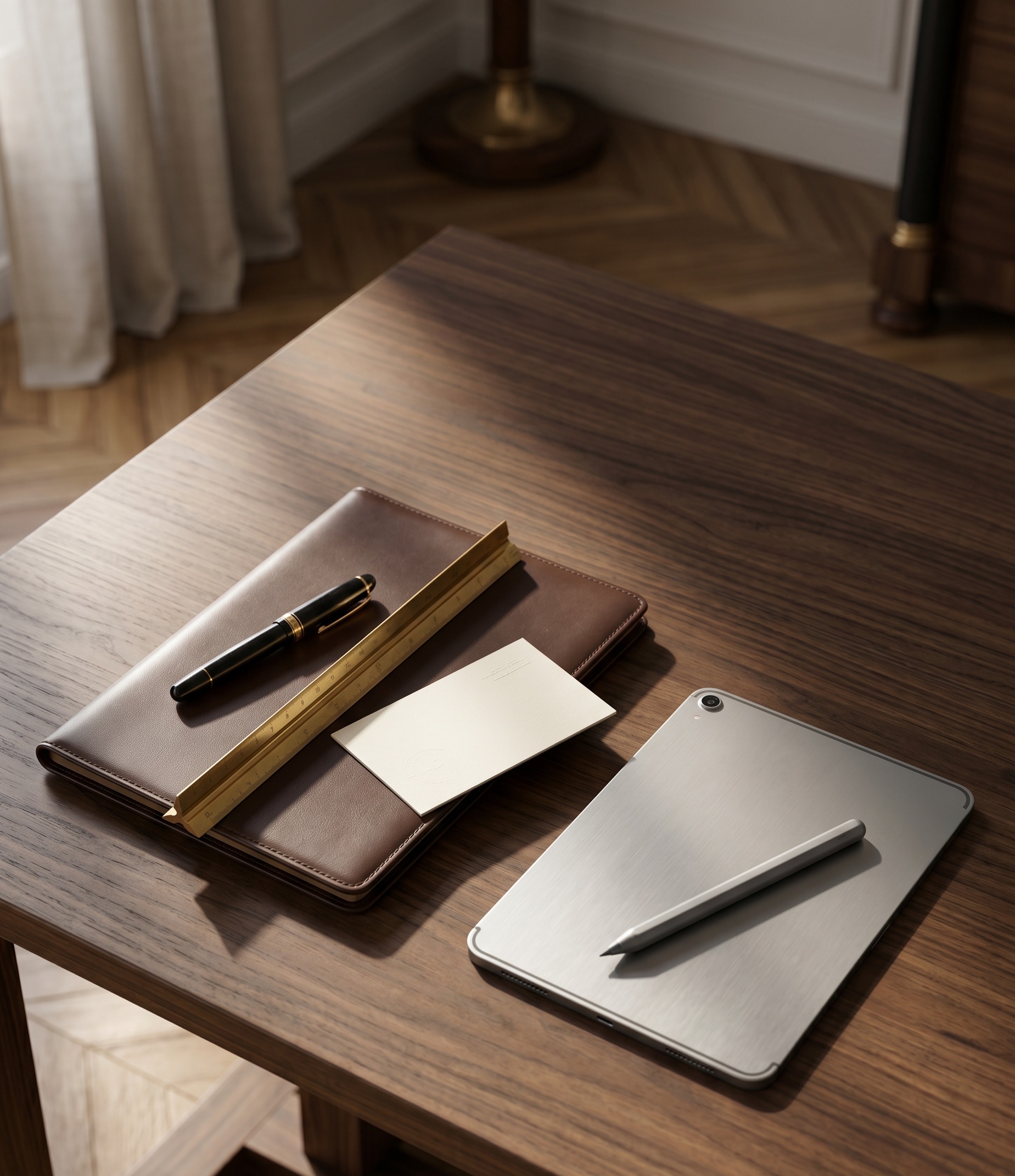 Bureau en bois clair baigné de lumière naturelle : ordinateur portable ouvert, carnet et tasse de café, ambiance de session de travail.